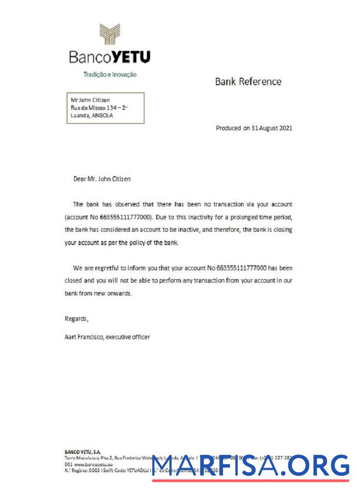 Realistic Angola Bancoyetu closure reference real example